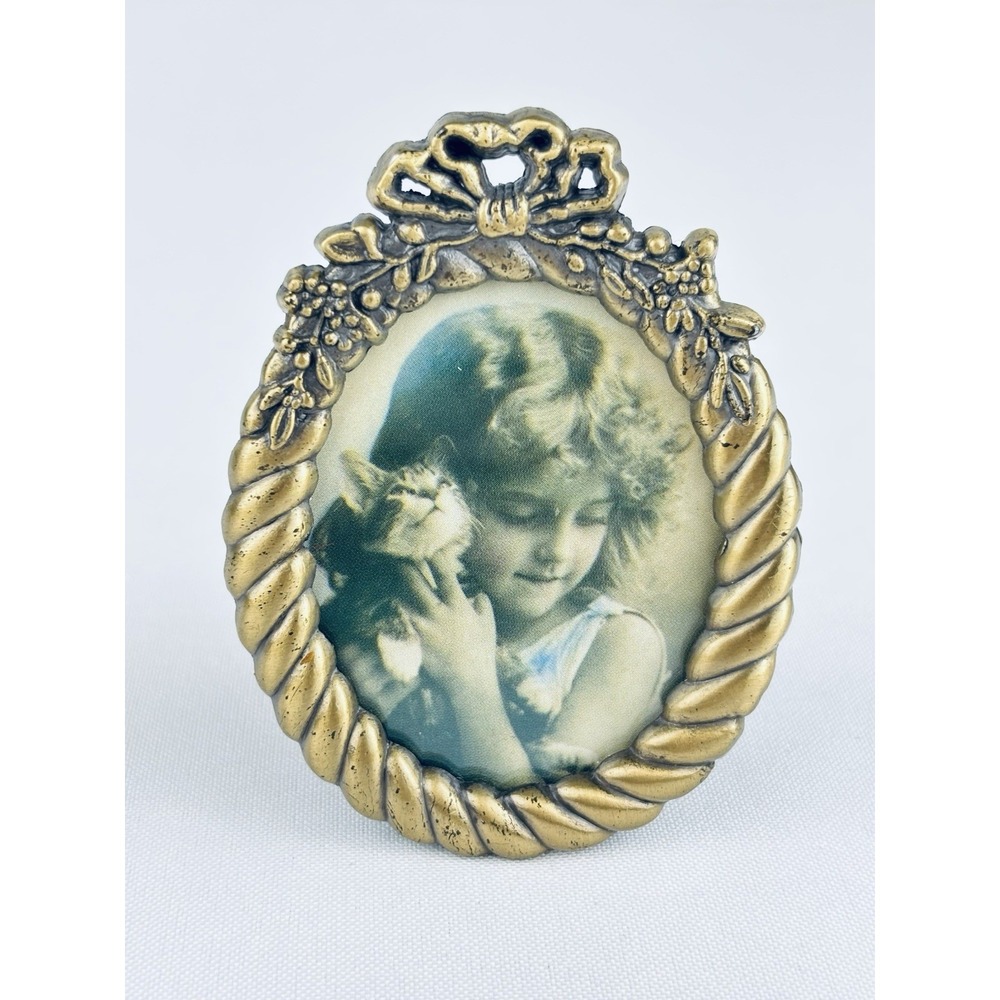 Ornate Vintage Bronze Metal Miniature Oval Floral Scroll Picture Frame